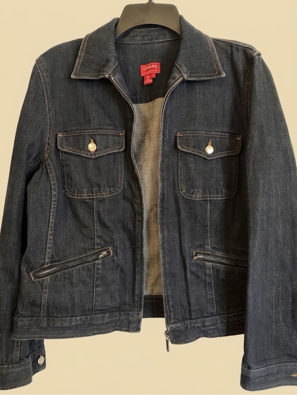 NWOT Chaps Women’s Blue Denim Full Zip Jacket, Short Regular Fit, Size L